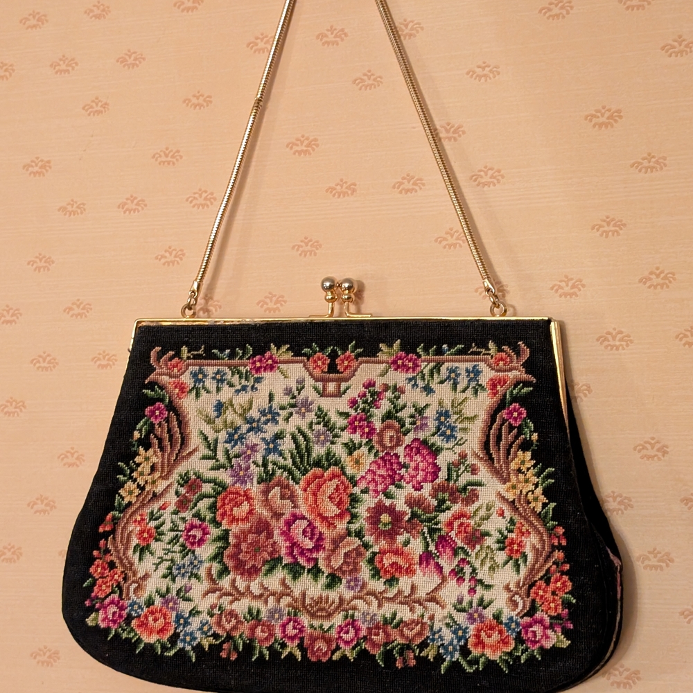 Vintage Needlepoint Floral Embroidered Black Handbag Purse with Snap Closure